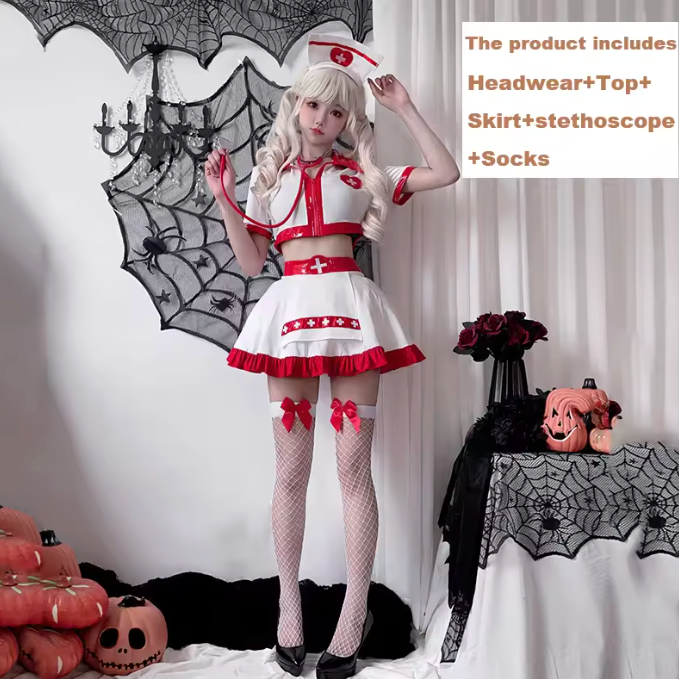 Model wearing a white-and-red nurse costume with cap, skirt, socks, and stethoscope