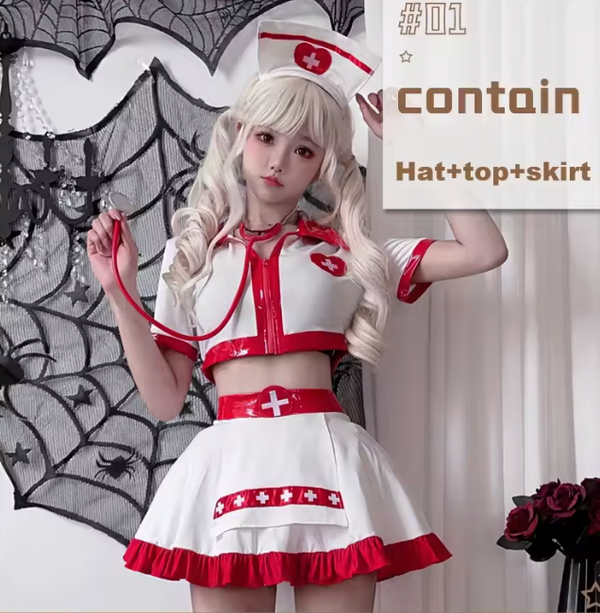 Model wearing a white-and-red nurse costume with cap, cropped top, and skirt