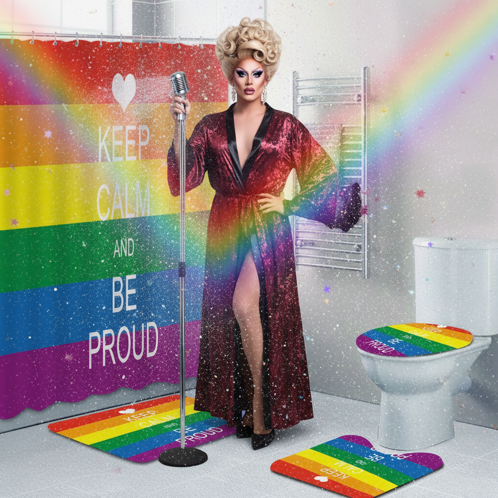 Bathroom set with rainbow shower curtain, mats, toilet cover, and drag performer holding a microphone