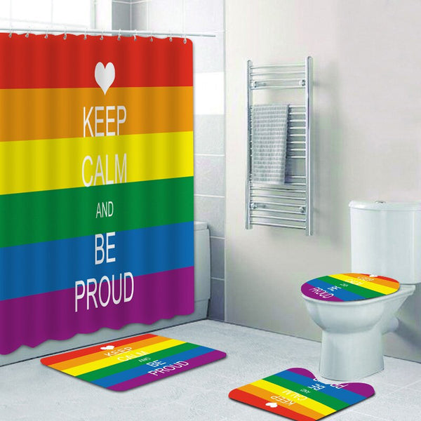 Rainbow-striped bathroom set with “KEEP CALM AND BE PROUD” shower curtain and mats