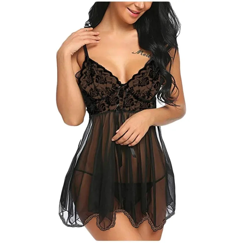Model wearing a black lace babydoll nightdress with sheer skirt and scalloped hem