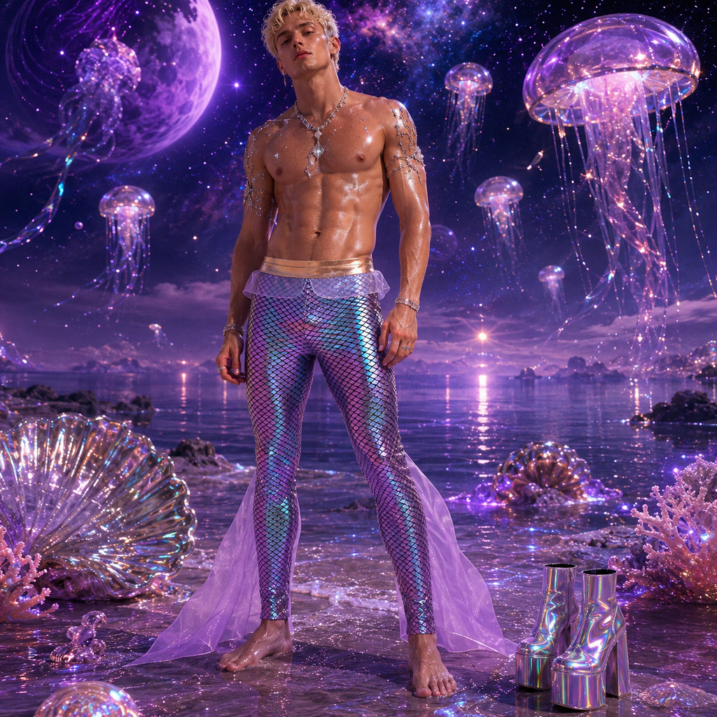 Shirtless model wearing iridescent mermaid-scale leggings with a translucent fin train