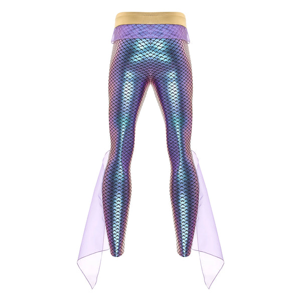Front view of iridescent purple mermaid-scale leggings with sheer fin panels