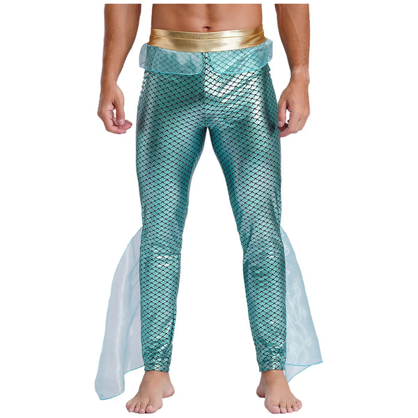 Front view of a model wearing turquoise mermaid-scale leggings with a gold waistband and fin panels