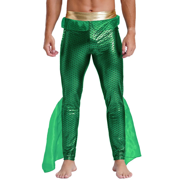 Front view of a model wearing green mermaid-scale leggings with a gold waistband and fin panels