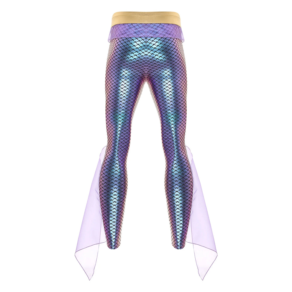 Front view of iridescent purple mermaid-scale leggings with sheer fin panels