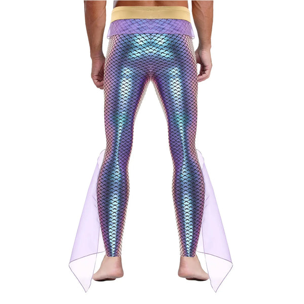 Rear view of a model wearing iridescent mermaid-scale leggings with a flared fin-like hem