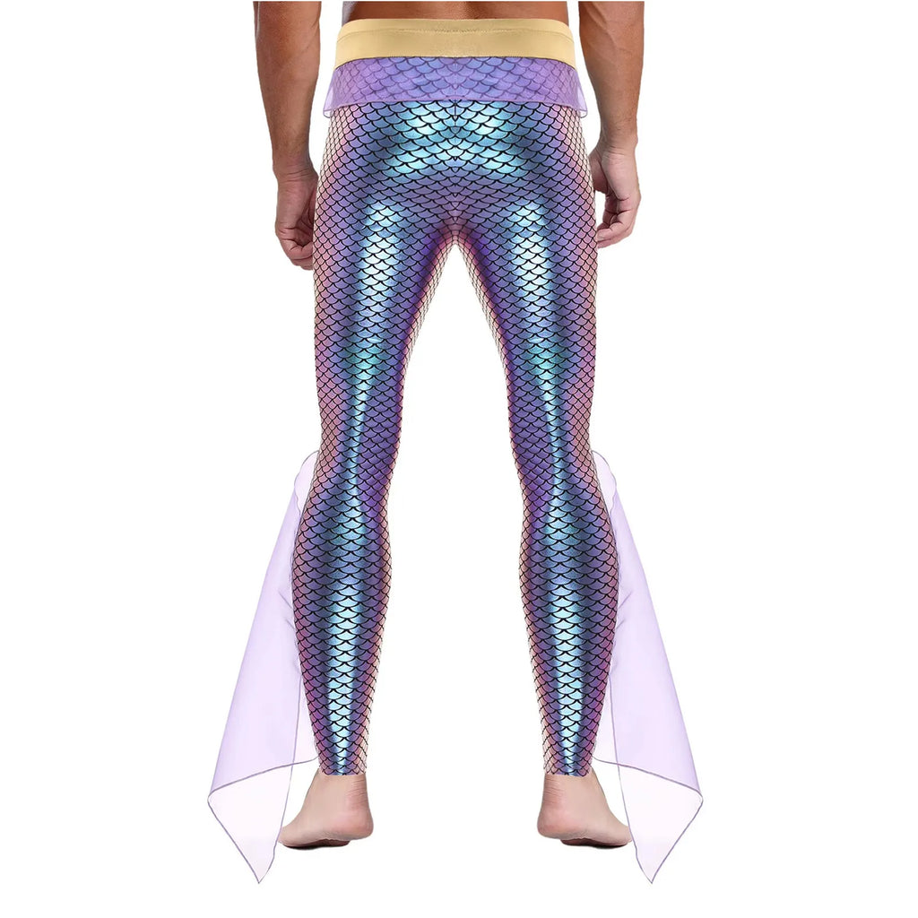 Rear view of a model wearing iridescent mermaid-scale leggings with a flared fin-like hem