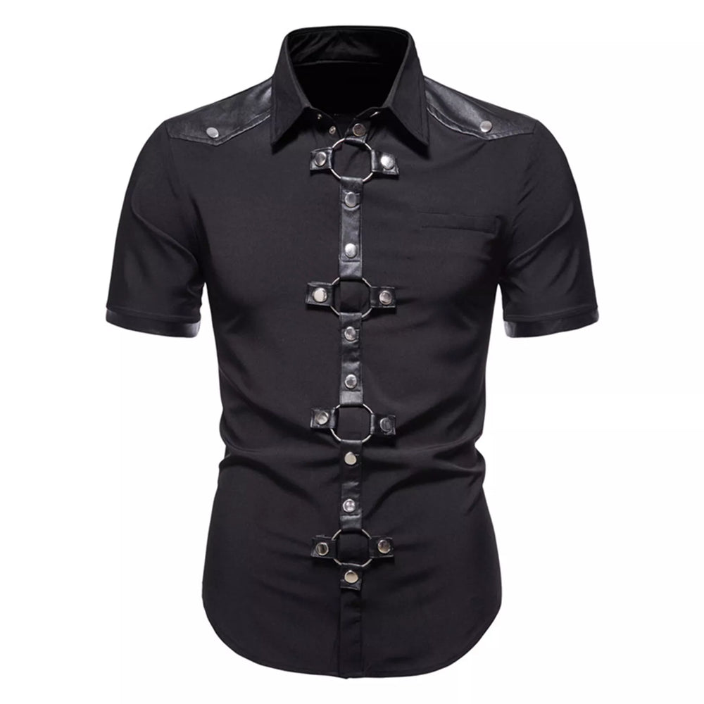 Front view of a black short-sleeve shirt with silver-ring chest and waist straps