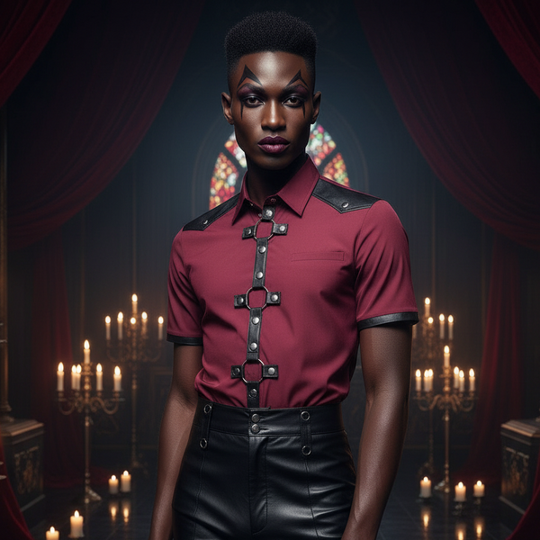 Model wearing a burgundy knit shirt with black leather trim and front buckle straps