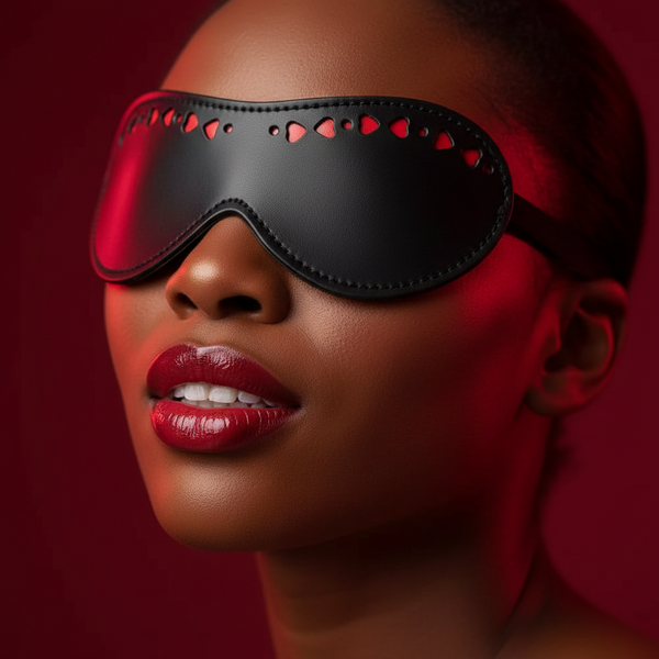 Close-up model wearing a black leather blindfold mask with heart-shaped cutouts