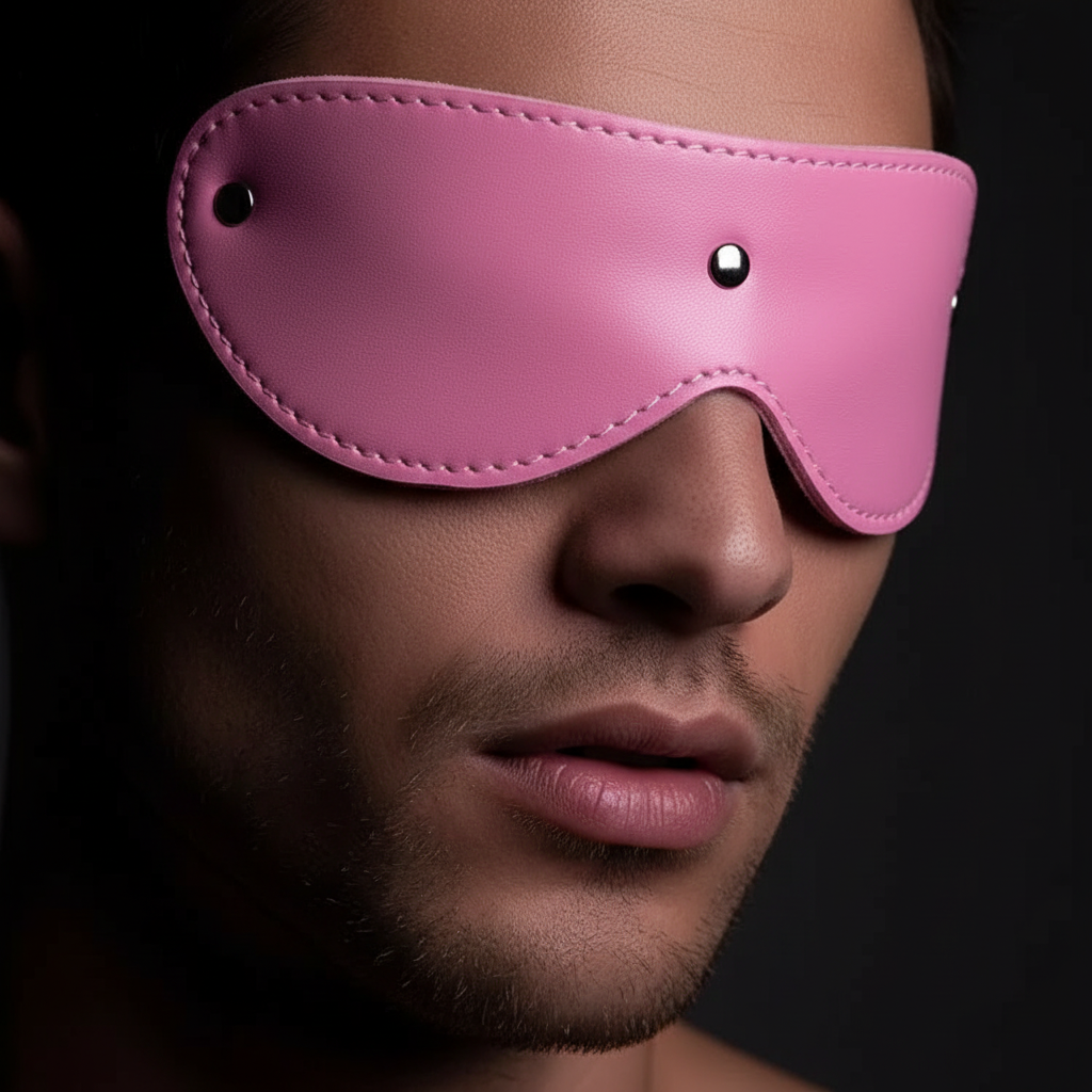 Close-up of a person wearing a pink leather blindfold mask with metal studs