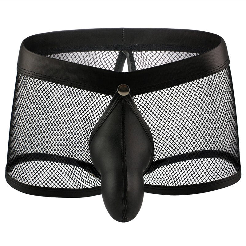 Front-facing black mesh boxer briefs with a solid black contoured pouch and snap detail