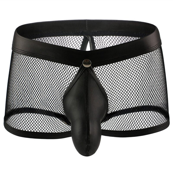 Front-facing black mesh boxer briefs with a solid black contoured pouch and snap detail