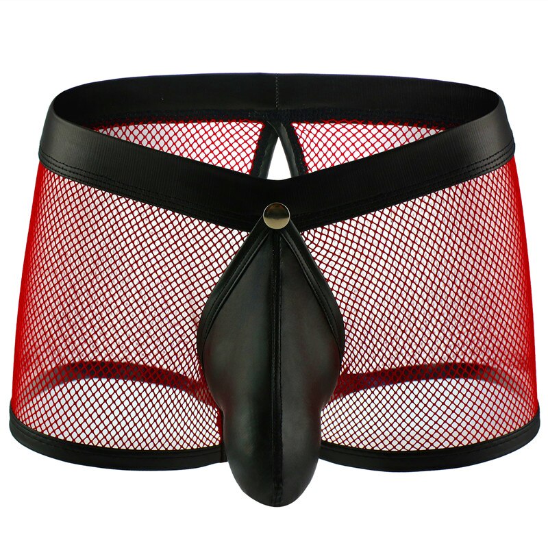 Front view of red mesh boxer briefs with black trim and a black pouch