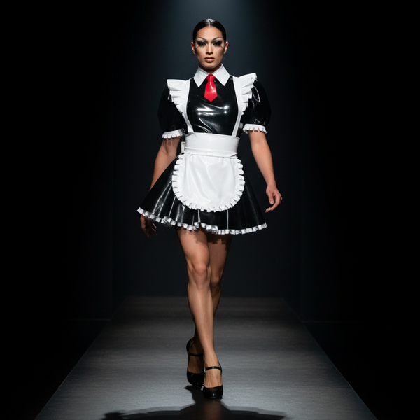 Model wearing a glossy black latex French maid outfit with white ruffles and apron