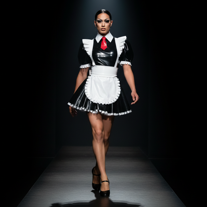 Model wearing a glossy black latex French maid outfit with white ruffles and apron