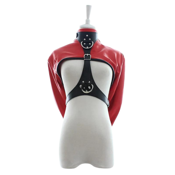 Front view of a red leather shrug with black bondage harness and studded collar on a mannequin