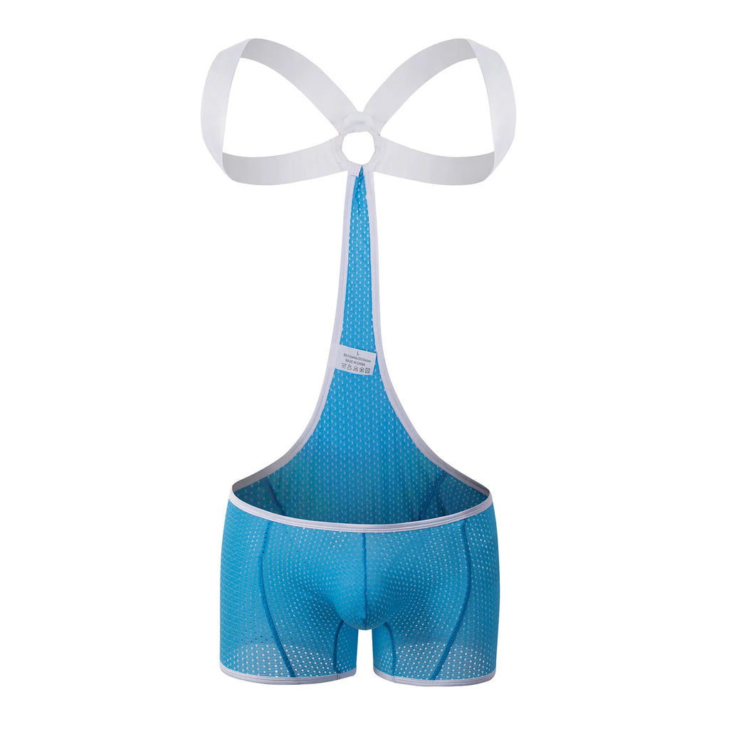 Back view of a turquoise mesh bodysuit with white racerback straps and boxer briefs