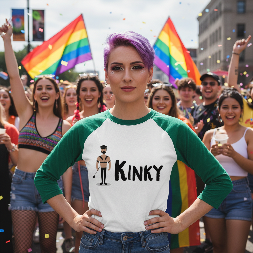 Kinky 3/4 Sleeve Raglan Shirt worn by a bold, purple-haired queer at Pride, surrounded by rainbow flags, confetti