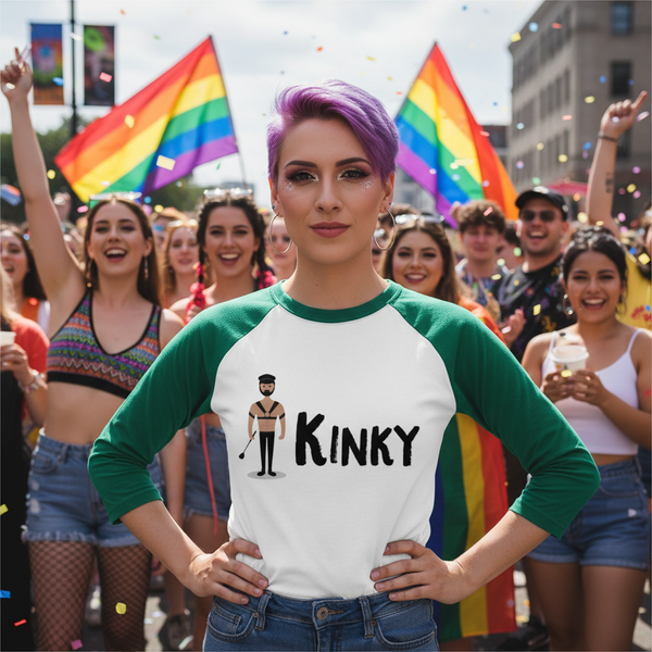 Kinky 3/4 Sleeve Raglan Shirt worn by a bold, purple-haired queer at Pride, surrounded by rainbow flags, confetti