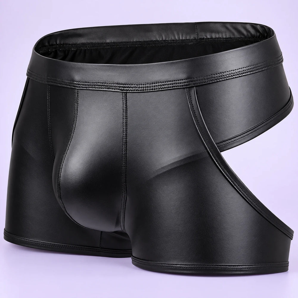 Black Kinky Bear open-back boxer briefs displayed from the front side, showing the shaped pouch, waistband and curved side opening.