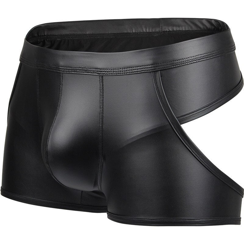 Black faux-leather boxer briefs shown from the front with an open side and back design