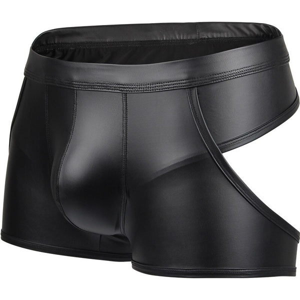 Black faux-leather boxer briefs shown from the front with an open side and back design
