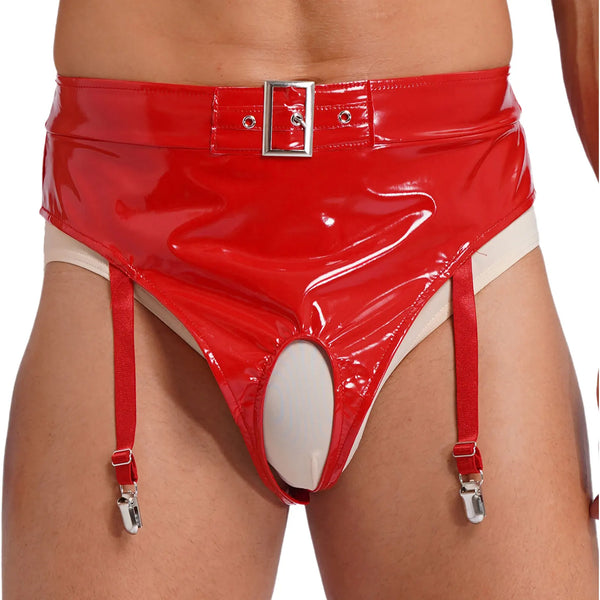Front close-up of a model wearing red glossy vinyl fetish briefs with buckle belt and garters