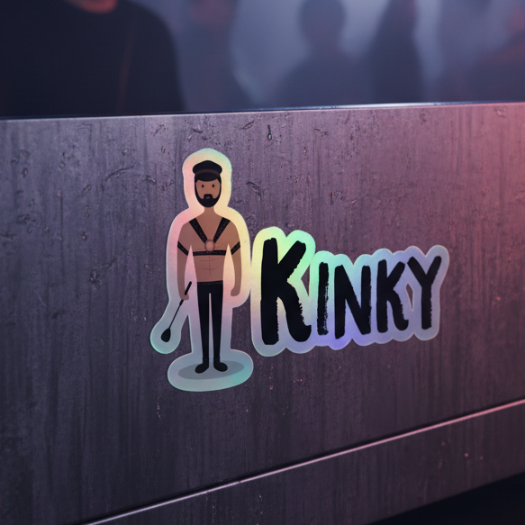 Holographic sticker showing a bearded person in leather gear beside the word “KINKY”