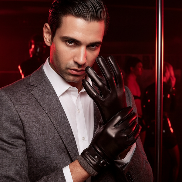 Person in a gray suit wearing black leather gloves in a red-lit club