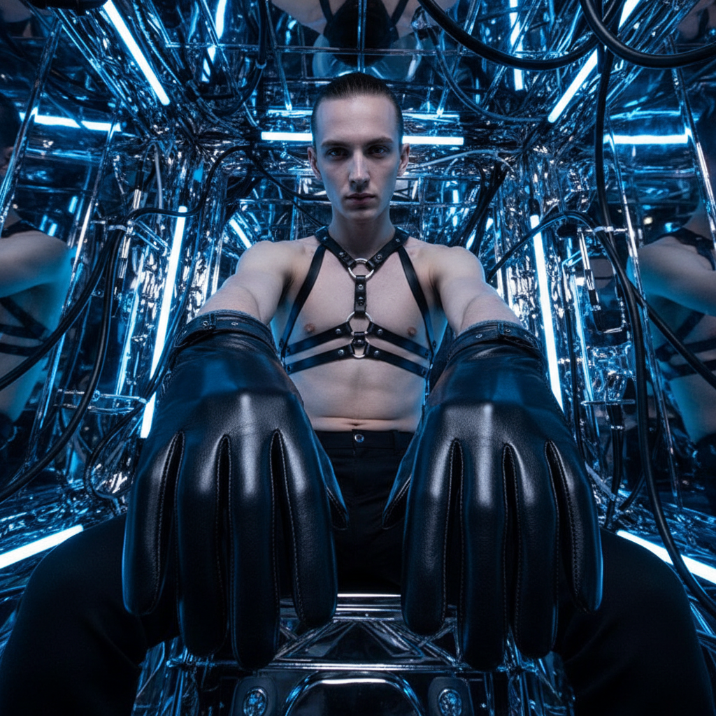 Person wearing oversized black leather gloves and a black leather chest harness in a mirrored blue-lit room