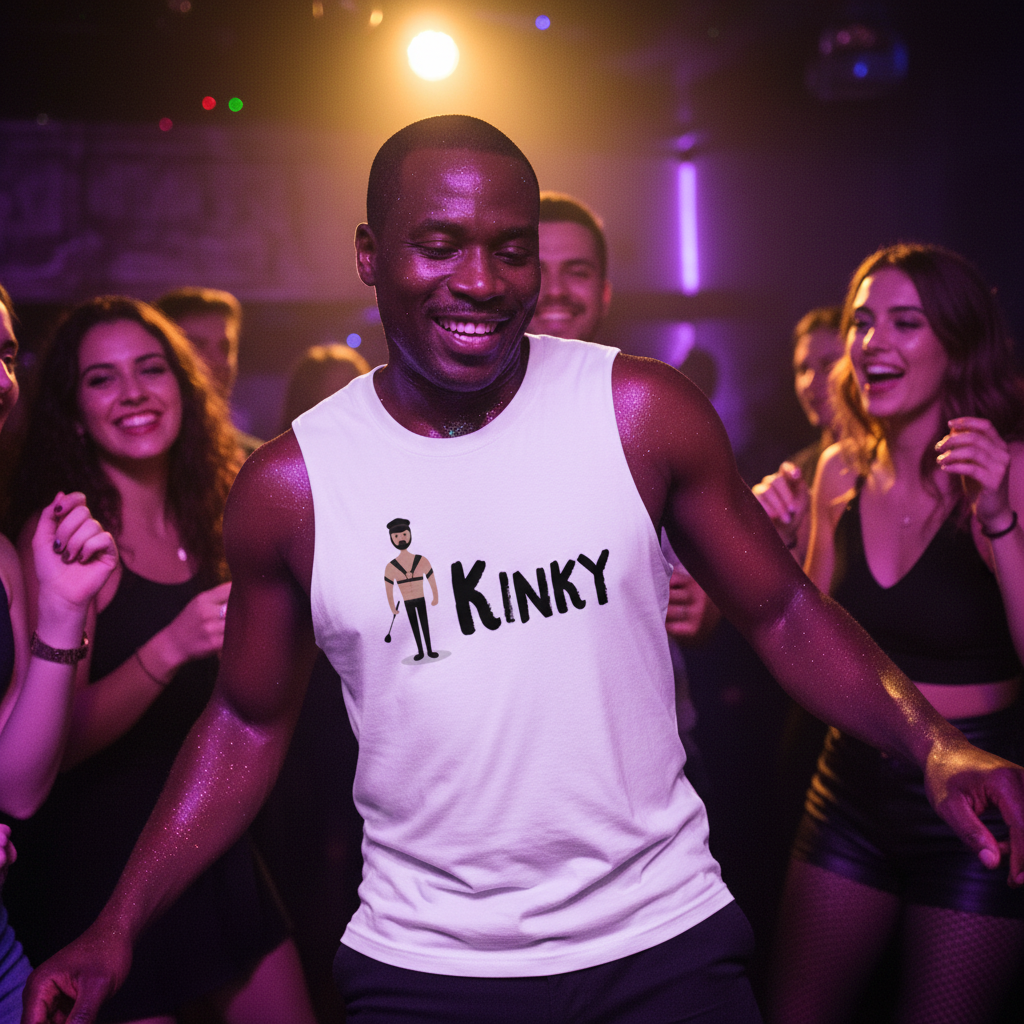 White Kinky Muscle Top with cartoon and "KINKY" text, worn by a smiling guy dancing among queer folks in pride gear
