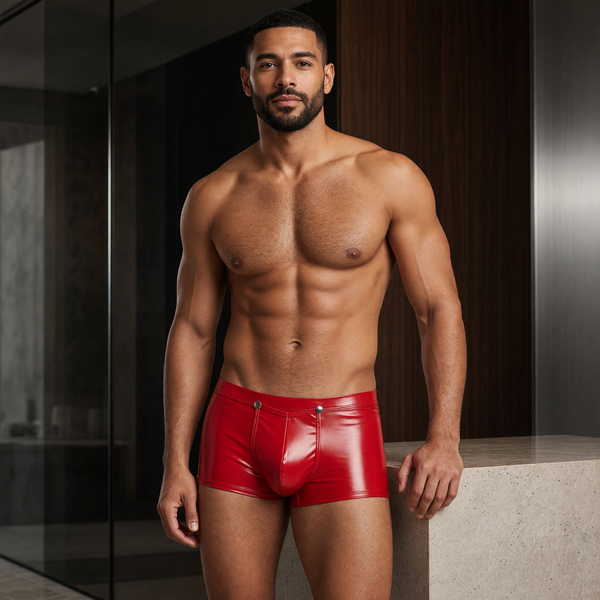Adult model wearing red Kinky Open Pouch Boxers with the front flap closed