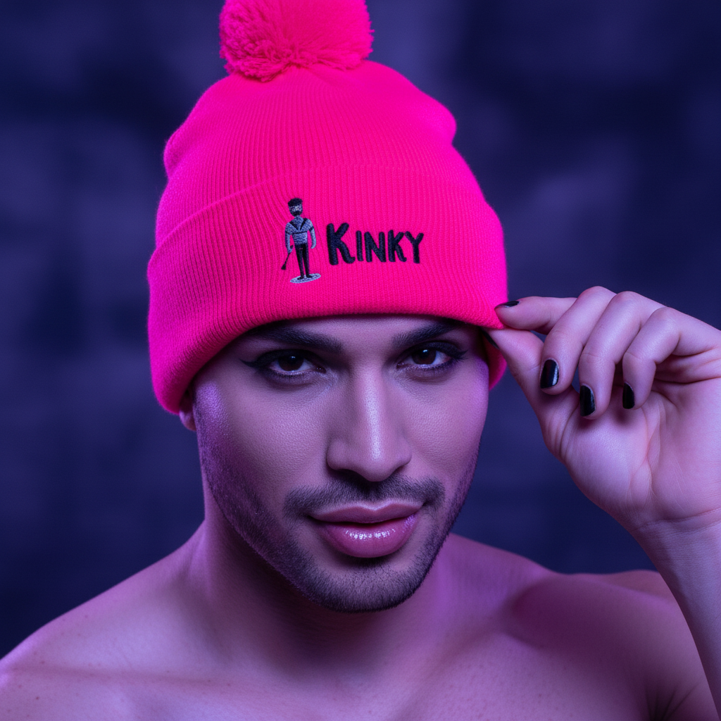 Bright pink Kinky Pom-Pom Beanie with a small figure graphic, worn by someone with smooth skin and black nails; dark