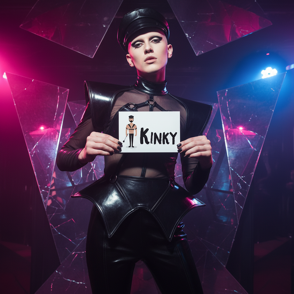 Kinky Postcard with a bold figure in black leather and cap, holding a "KINKY" sign; fetish cartoon, shattered mirrors