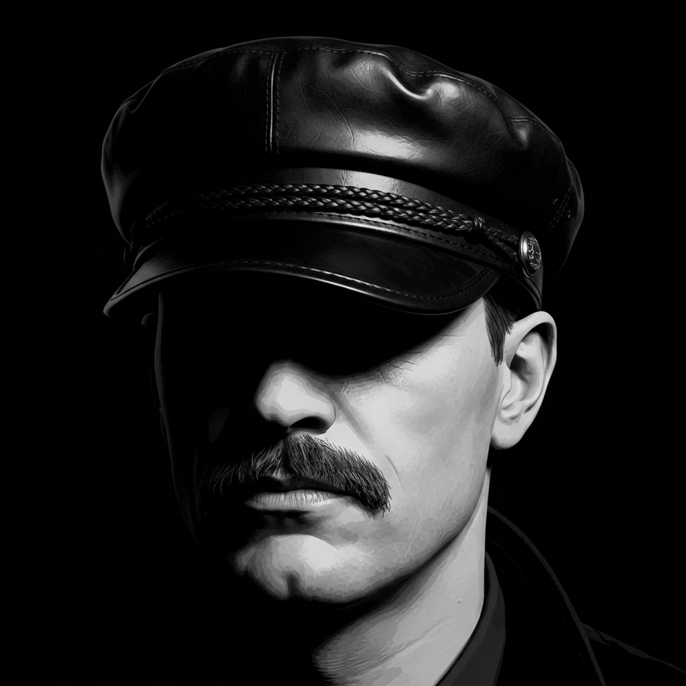 Model wearing a black faux-leather visor cap with braided band and short brim