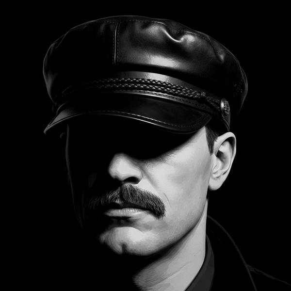 Model wearing a black faux-leather visor cap with braided band and short brim