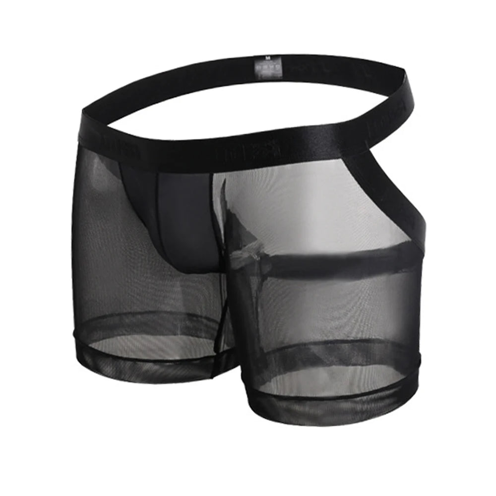 Black sheer mesh backless boxers with an open rear and wide waistband