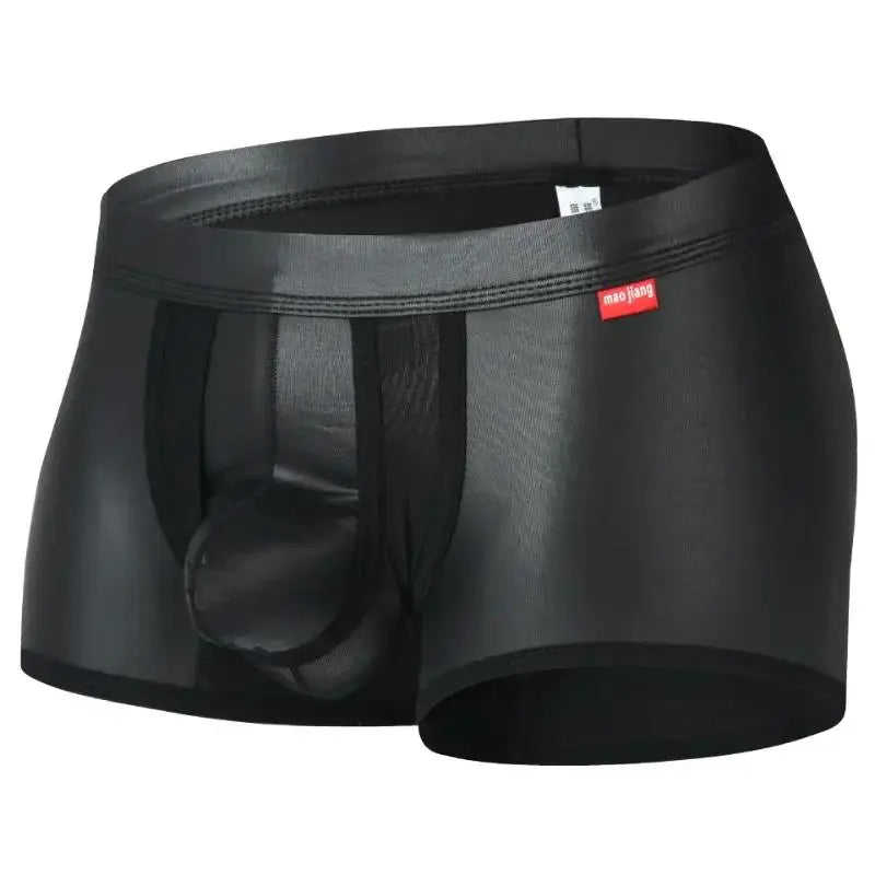 Black sheer leather-look boxers with a front pouch and elastic waistband