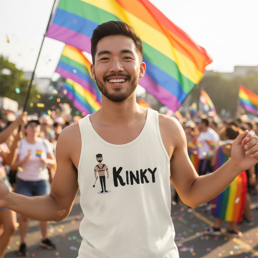 Kinky Unisex Tank Top with cartoon figure and "Kinky" text worn by a smiling person at Pride