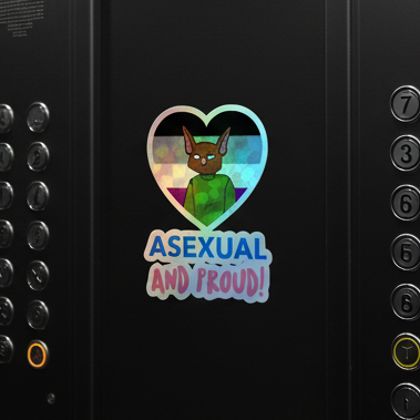 Heart-shaped holographic sticker reads "ASEXUAL AND PROUD!" with a cartoon rabbit on the ace flag; elevator buttons nearby.