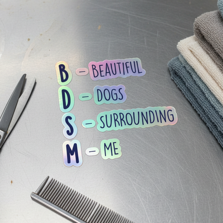 Rainbow holographic BDSM (Beautiful Dogs Surrounding Me) sticker, vertical text, on metal with grooming scissors, comb, brown hair, towels.