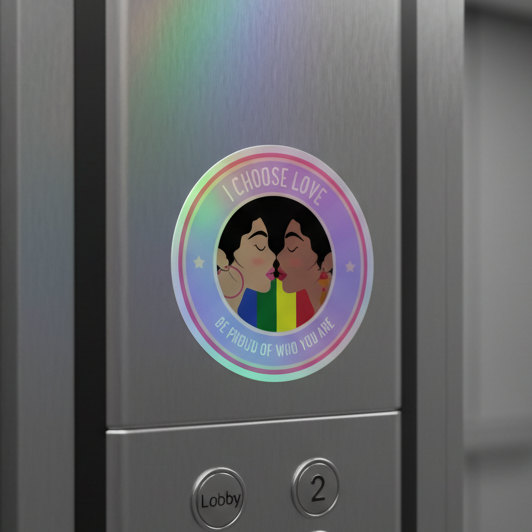 Round holographic sticker with rainbow sheen shows two people nearly kissing. Text: "I CHOOSE LOVE" and "BE PROUD OF WHO YOU ARE".