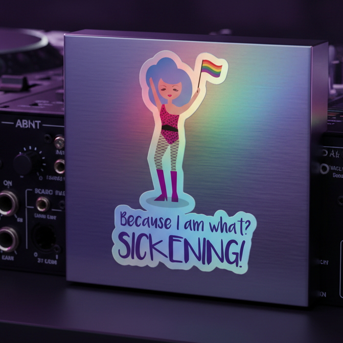 Because I Am What? Sickening! holographic sticker on a square metallic panel, with a blue-haired person in red, pride flag held high, rainbow shine near DJ gear.