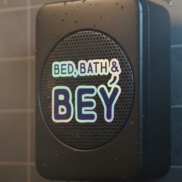 Black shower speaker on tiled wall, wet with droplets, sports a bold “Bed, Bath & Bey” holographic queer vinyl sticker up front.