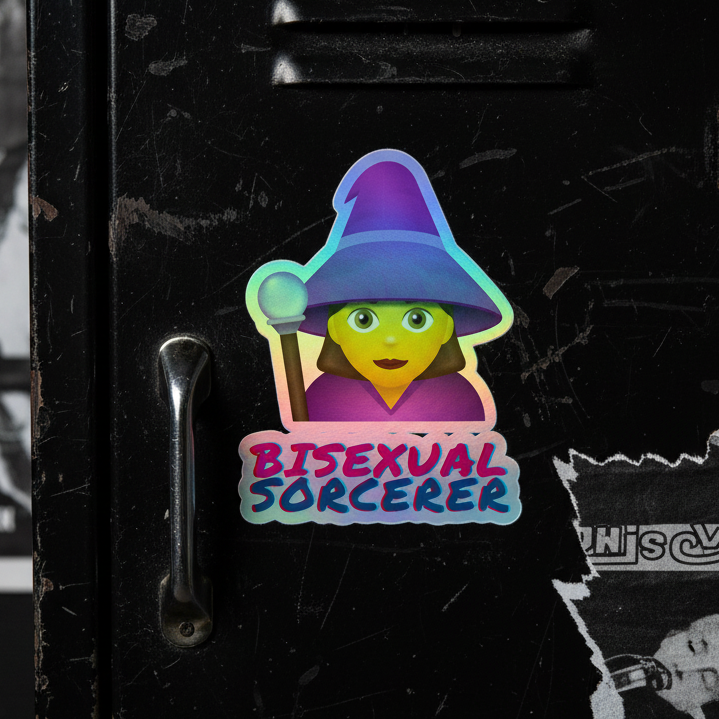 Holographic "Bisexual Sorcerer" sticker with pink and blue text, cartoon wizard in purple, on a black locker with scuffed stickers.