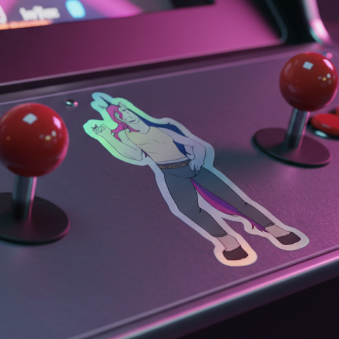 Bisexual Unicorn Holographic Sticker shows a shirtless, human-like unicorn with purple and blue hair on a retro arcade panel, glowing in pink and purple neon, nestled between red joysticks.