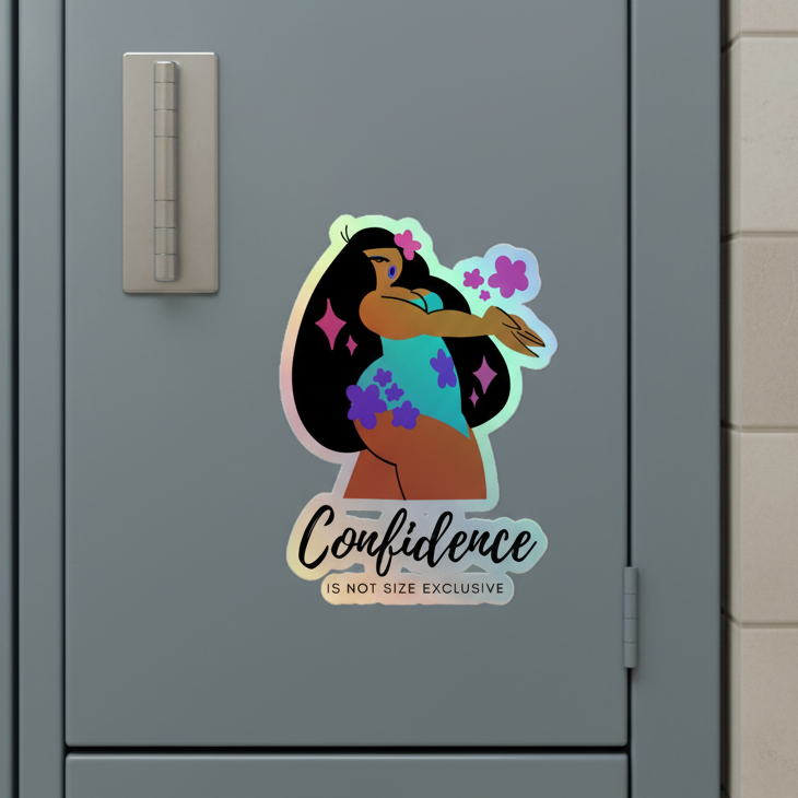 Holographic vinyl Body Confidence sticker on a gray locker shows a curvy, dark-skinned woman in a blue floral dress with pink sparkles and the quote: “Confidence is not size exclusive.”.