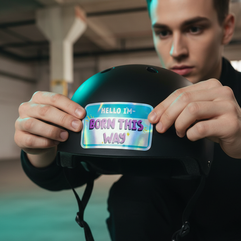 Born This Way holographic sticker reading “HELLO I’M BORN THIS WAY” being placed on a matte black helmet; soft queer vibes.
